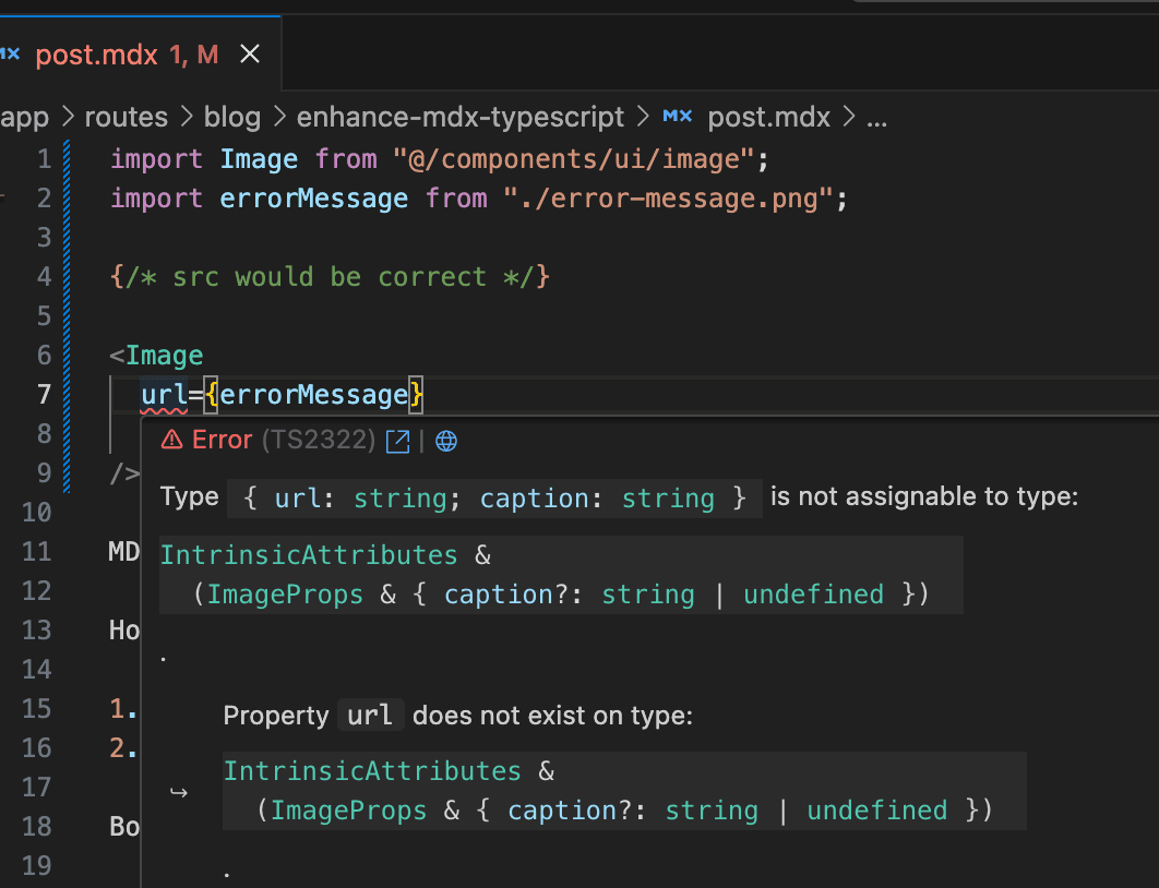 With type checking enabled, invalid props in MDX trigger a clear error message