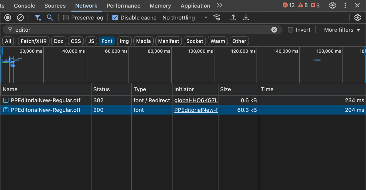 Network tab showing an OTF font being loaded instead of the smaller WOFF2 font