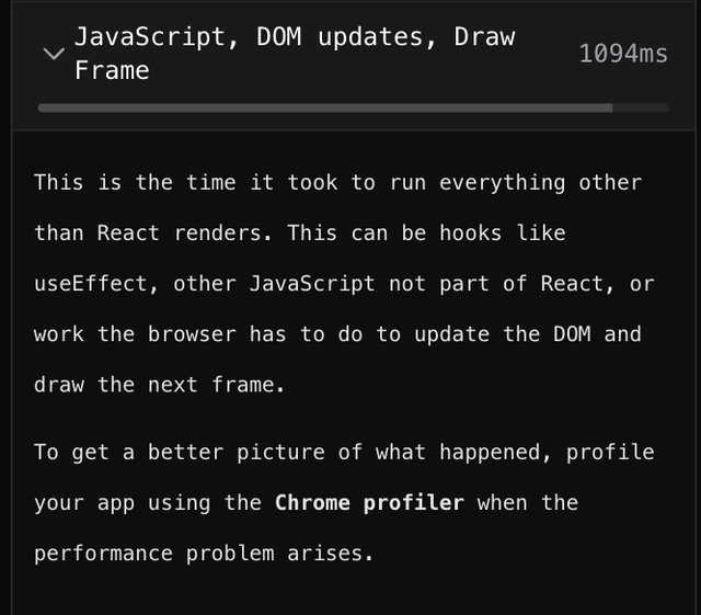 react-scan's Overview tab with the "JavaScript, DOM updates, Draw Frame" breakdown expanded, explaining it's everything other than React renders and suggesting the Chrome profiler to dig deeper