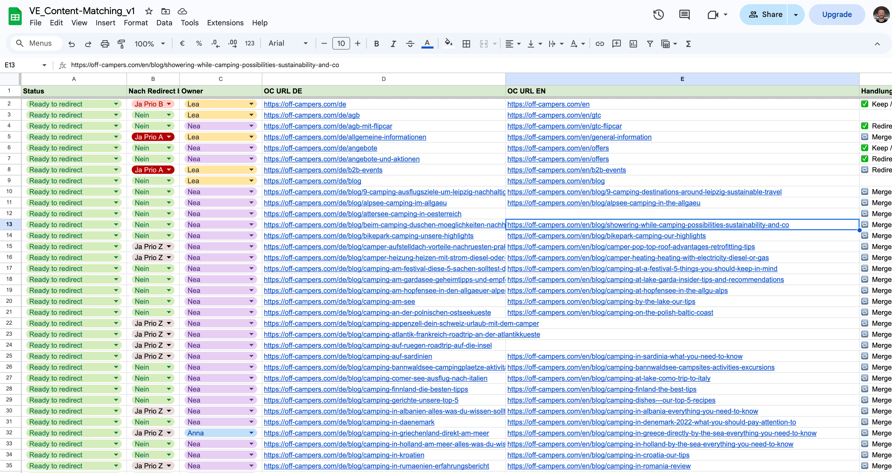 Spreadsheet of URLs to be redirected