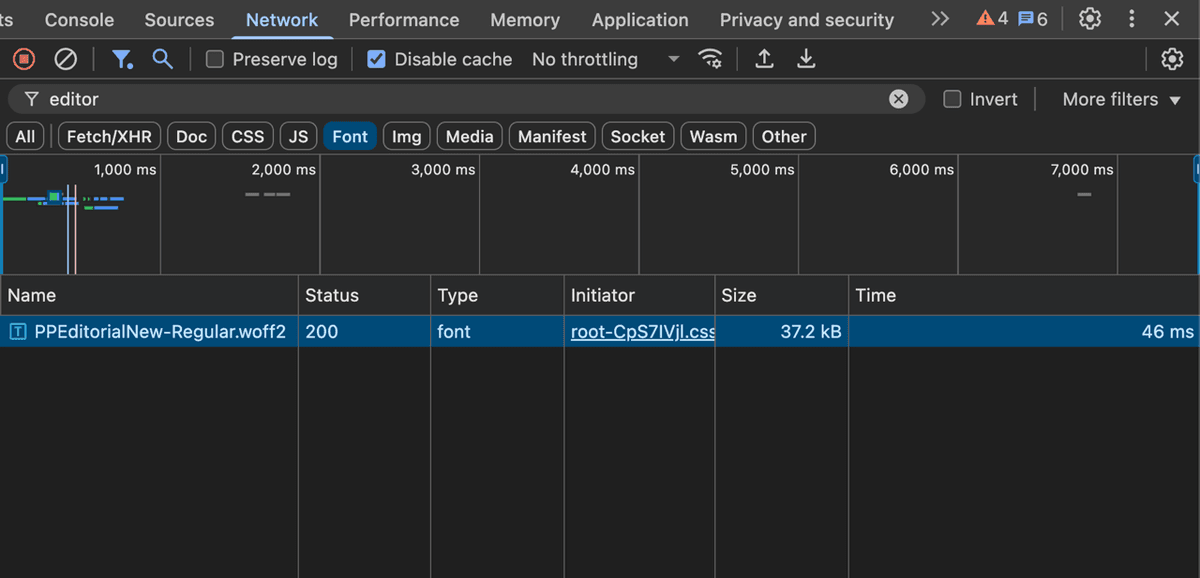 Network tab showing the WOFF2 font being loaded instead of the larger OTF font after fixing the order